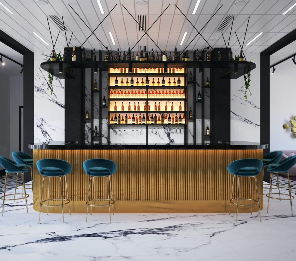Luxury commercial bar where electrical services have been used on the shelves